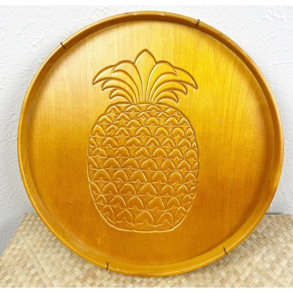 MaLeck Wingate Wooden Pineapple Carved Round Tray 1982 Wall Hanging MCM 14” GUC - Picture 1 of 5